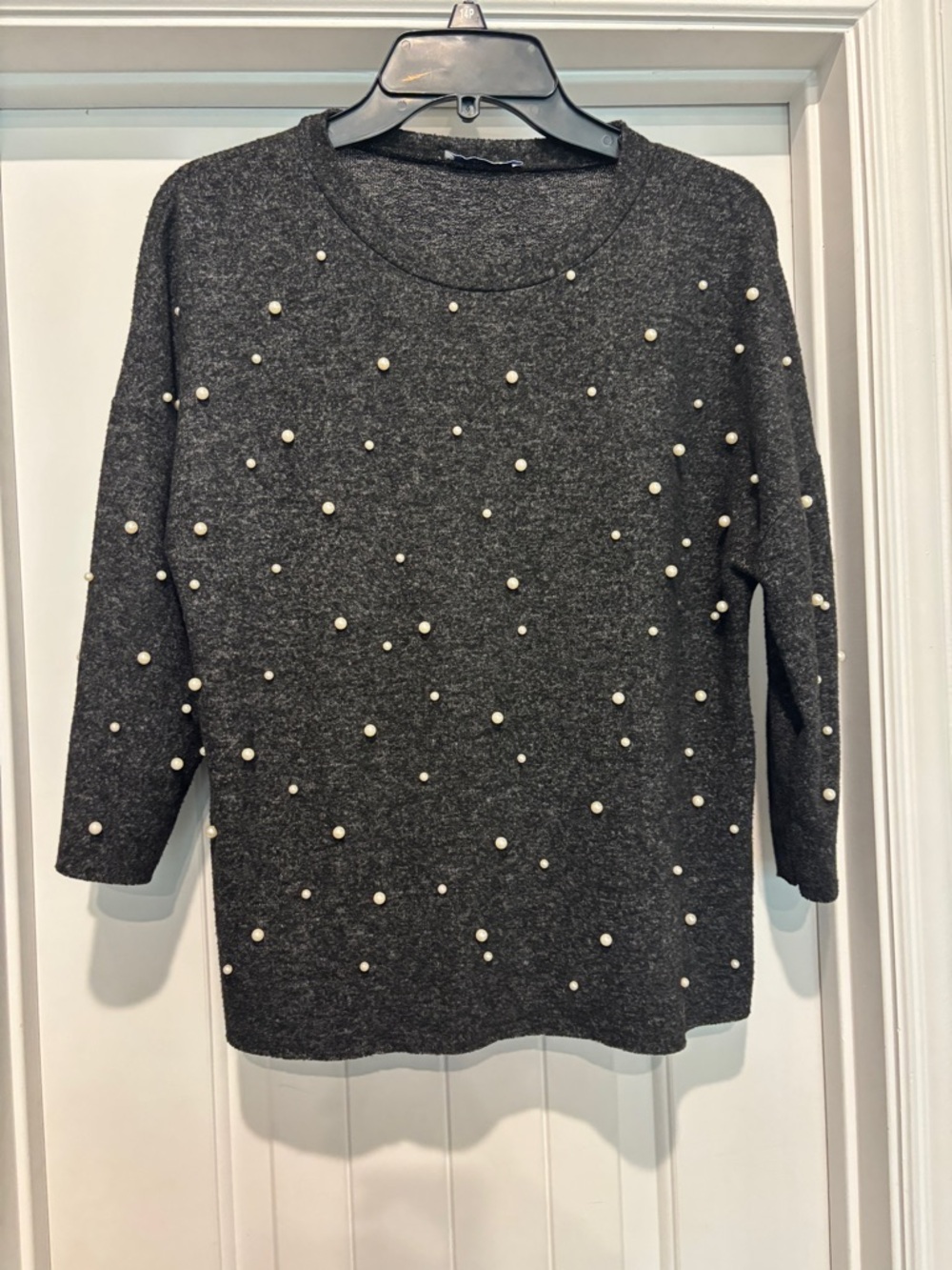 Zara Charcoal Crewneck Sweater with Pearl Studs size S